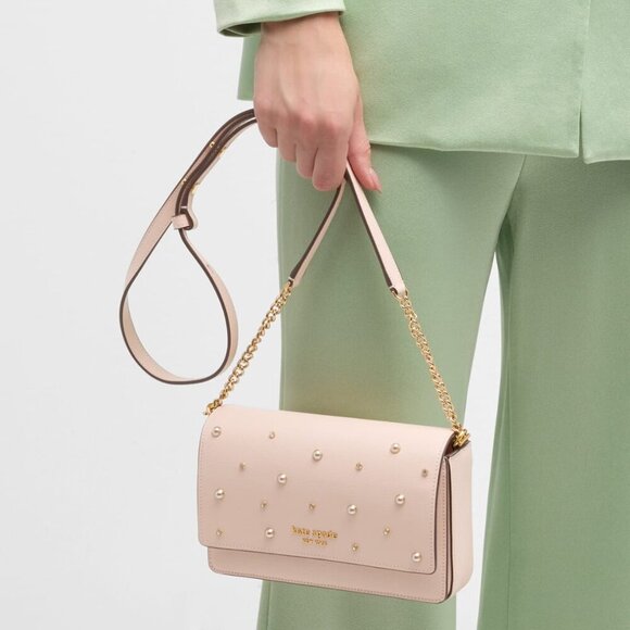 Kate Spade Purl Pearl Flap Shoulder Bag Beige Clutch Chain Wallet Crystals - Picture 5 of 14